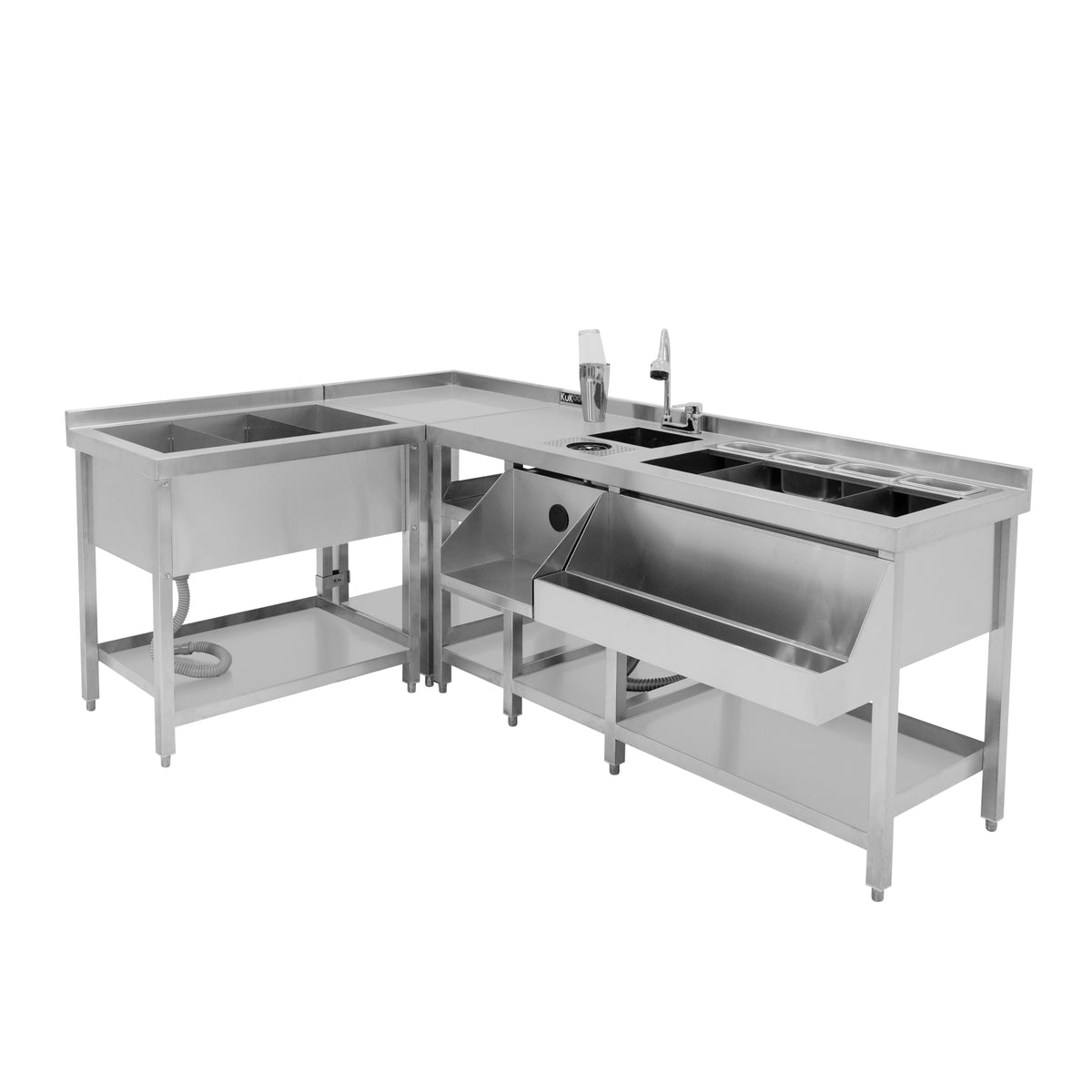 Modulare Deluxe-Cocktailbar-Station aus Edelstahl mit Eisbrunnen, glänzender Oberfläche, funktionalen Abteilungen und modernem Design für professionelle Nutzung