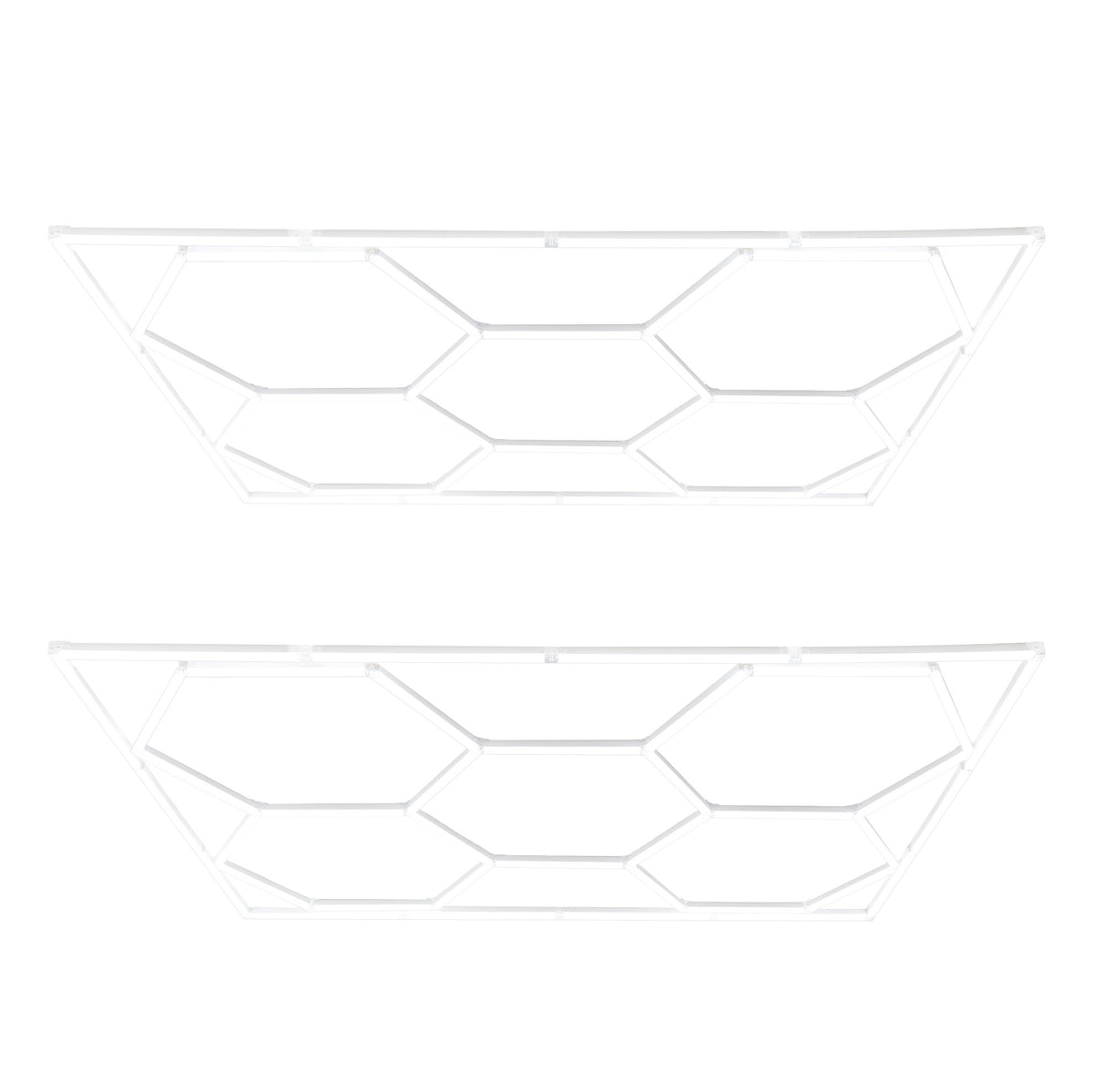 Zwei weiße hexagonale LED-Leuchten mit modernem Design, aus leichtem Material, ideal für kreative Beleuchtungslösungen in Wohnräumen