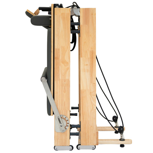 Hochwertiger, klappbarer Rudergerät aus hellem Holz mit robusten Seilzügen, eleganter, minimalistischer Design und stabiler Bauweise