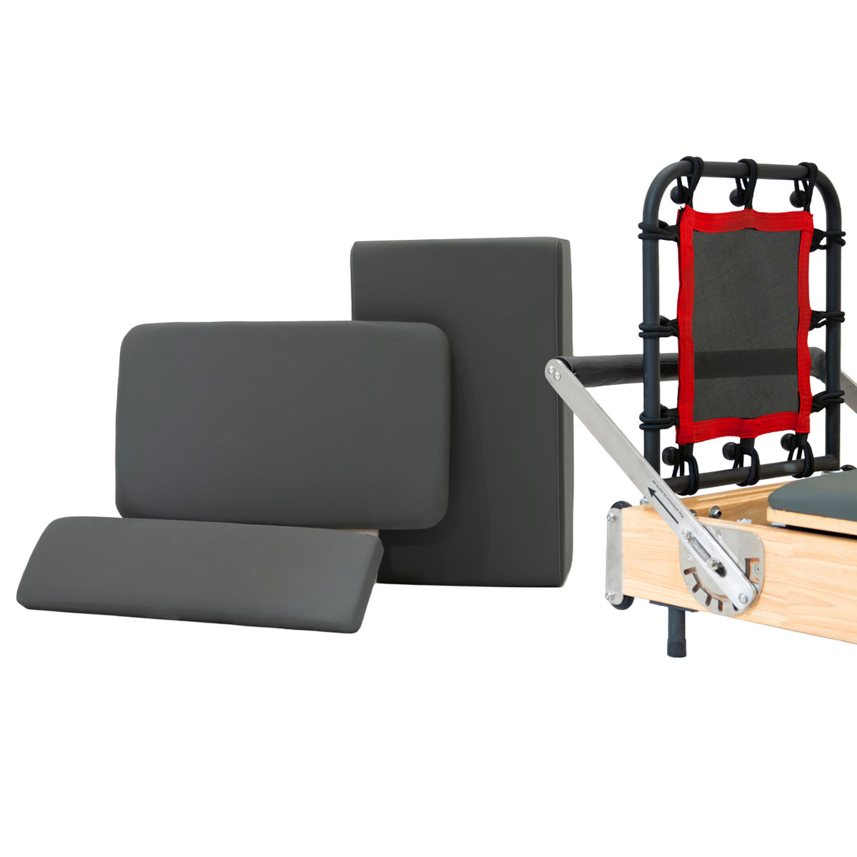 Pilates Reformer Maschine aus Eiche mit grauen Polstern, verstellbaren Teilen und einem stabilen Rahmen für effektives Training