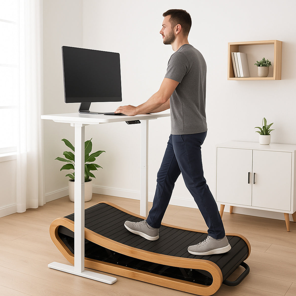 Ein gebogenes Holzlaufband mit schwarzem Gummibelag, das von einem Mann in grauem T-Shirt und blauen Hosen beim Stehen genutzt wird, vor einem Schreibtisch mit Monitor