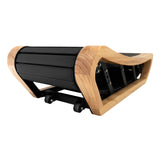 Gebogenes Holzlaufband mit natürlichem Holzrahmen, schwarzem Gummiband und glatter Oberfläche, ideal für ein stilvolles Fitnessumfeld