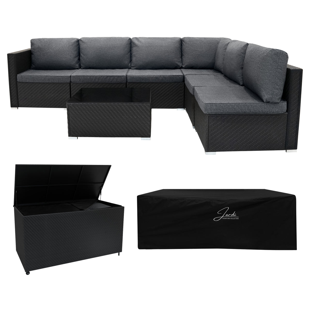 Modulares 7-teiliges Rattan-Möbelset in Schwarz mit grauen Kissen, inklusive einer großen Aufbewahrungsbox und einem eleganten Glastisch