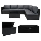 Modulares 7-teiliges Rattan-Möbelset in Schwarz mit grauen Kissen, inklusive einer großen Aufbewahrungsbox und einem eleganten Glastisch