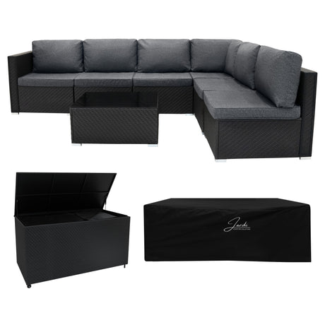 Modulares 7-teiliges Rattan-Möbelset in Schwarz mit grauen Kissen, inklusive einer großen Aufbewahrungsbox und einem eleganten Glastisch