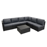 Modulares 7-teiliges Rattan-Möbelset in Schwarz mit grauen Polstern und quadratischem Tisch, ideal für Garten und Terrasse, bietet viel Stauraum