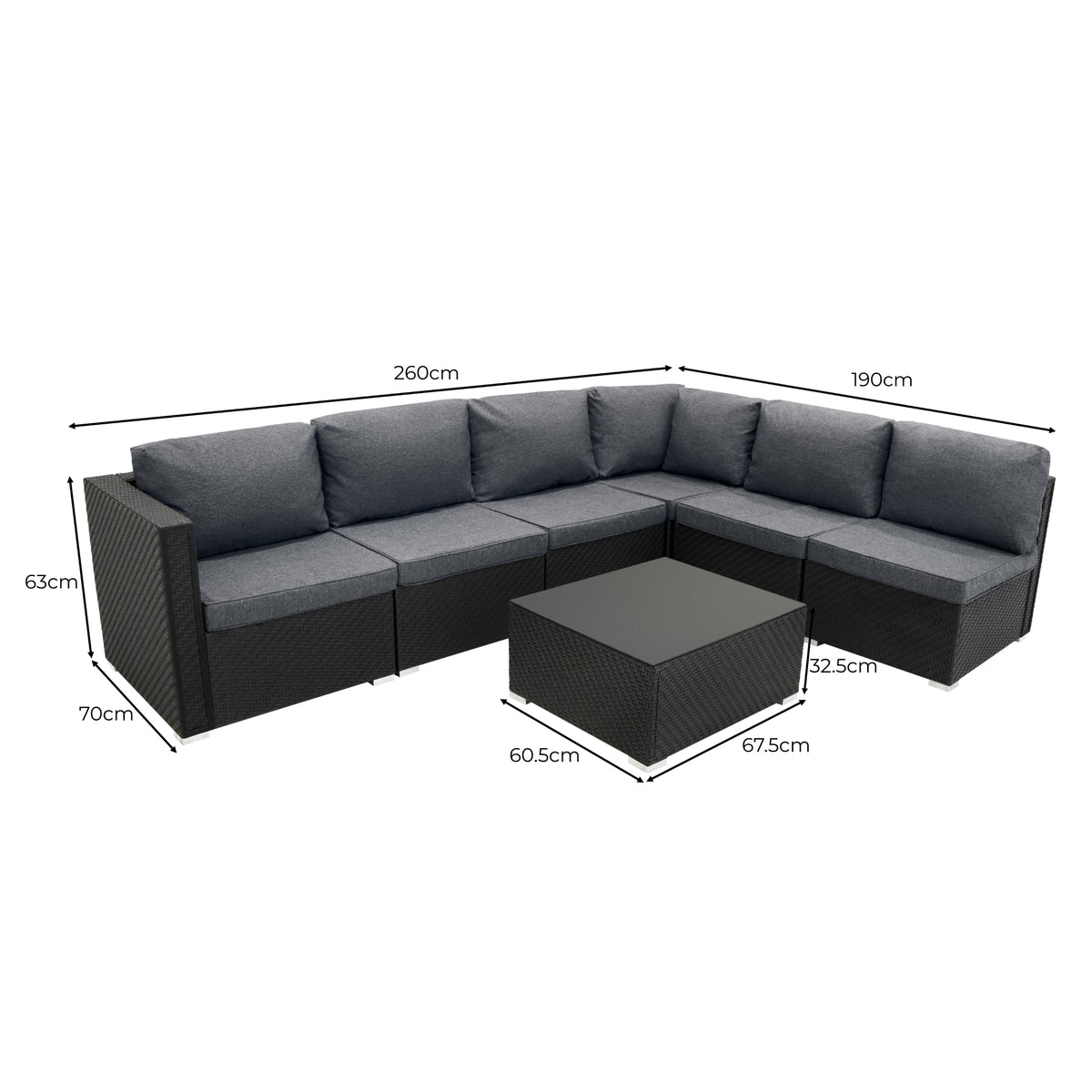 Modulares 7-teiliges Rattan-Möbelset in Schwarz mit grauen Polstern, inklusive einer praktischen Aufbewahrungsbox von 700L, ideal für den Außenbereich