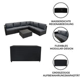 Modulares 7-teiliges Rattan-Möbelset in Schwarz mit grauen Kissen, wetterfester Abdeckung und großzügiger 700L Aufbewahrungsbox