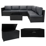 Modulares 7-teiliges Rattan-Möbelset in Schwarz mit grauen Kissen, inklusive Aufbewahrungsbox und Glas-Tisch, ideal für Garten oder Terrasse
