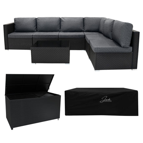Modulares 7-teiliges Rattan-Möbelset in Schwarz mit grauen Kissen, inklusive Aufbewahrungsbox und Glas-Tisch, ideal für Garten oder Terrasse