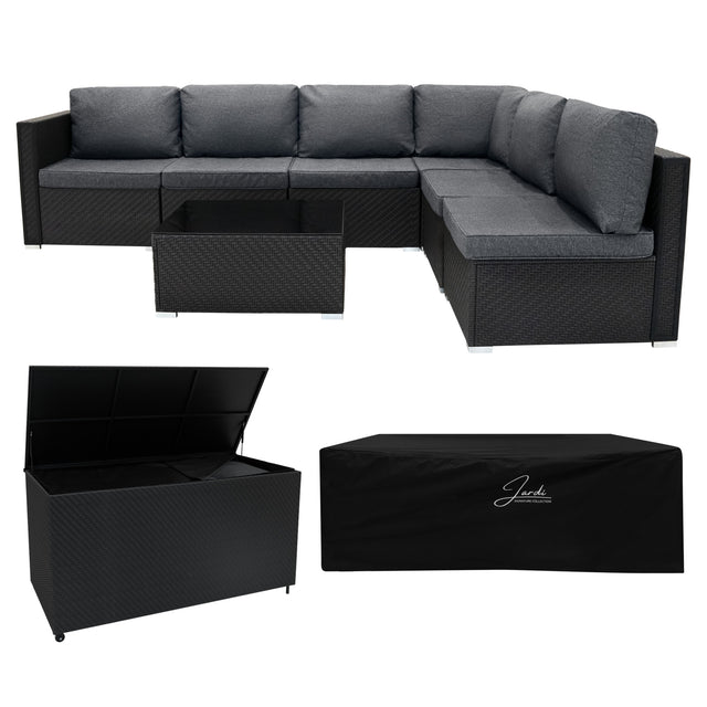 Modulares 7-teiliges Rattan-Möbelset in Schwarz mit grauen Kissen, inklusive Aufbewahrungsbox und Glas-Tisch, ideal für Garten oder Terrasse