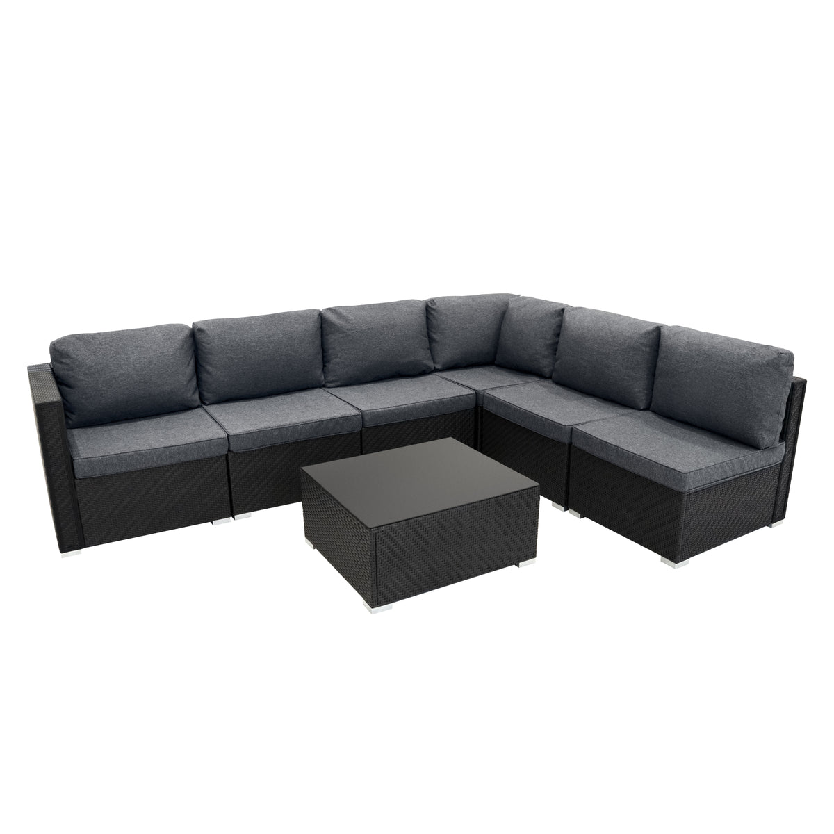 Modulares 7-teiliges Rattan-Möbelset in Schwarz mit grauen Polstern und quadratischem Tisch, ideal für Garten oder Terrasse, bietet stilvolle Aufbewahrung