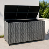 Modulares 7-teiliges Rattan-Möbelset in Grau mit einer großen, offenen Aufbewahrungsbox, die ideal für Gartenmöbel und Zubehör ist
