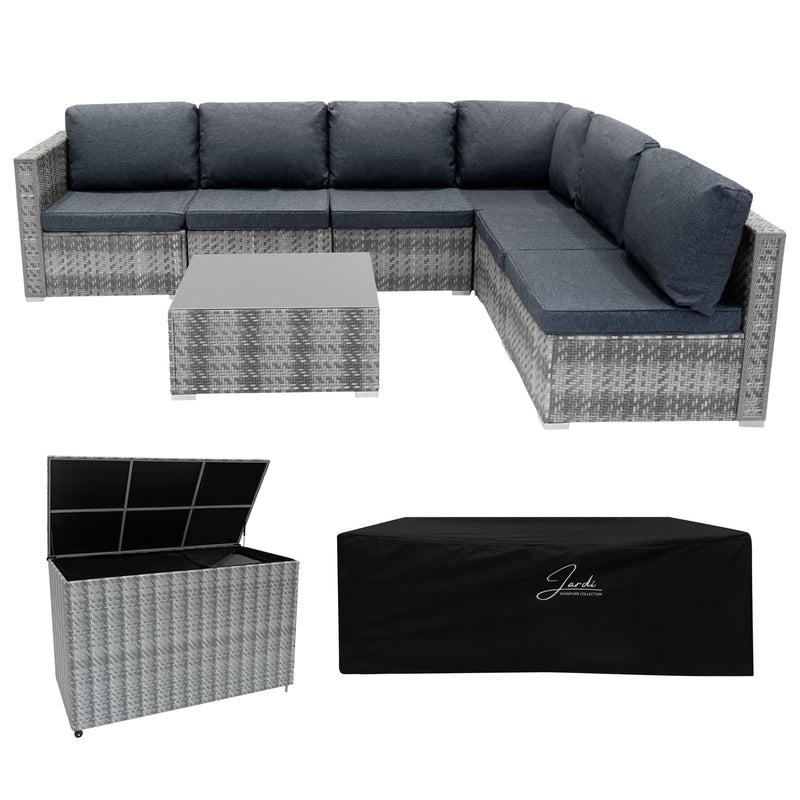 Modular Gartenlounge in Grau mit bequemen Kissen, quadratischem Tisch und Aufbewahrungstruhe, ideal für entspannte Außenbereiche