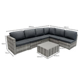 Modulares 7-teiliges Rattan-Möbelset in Grau mit bequemen, dunkelgrauen Kissen und einer praktischen 700L Aufbewahrungsbox, ideal für den Außenbereich