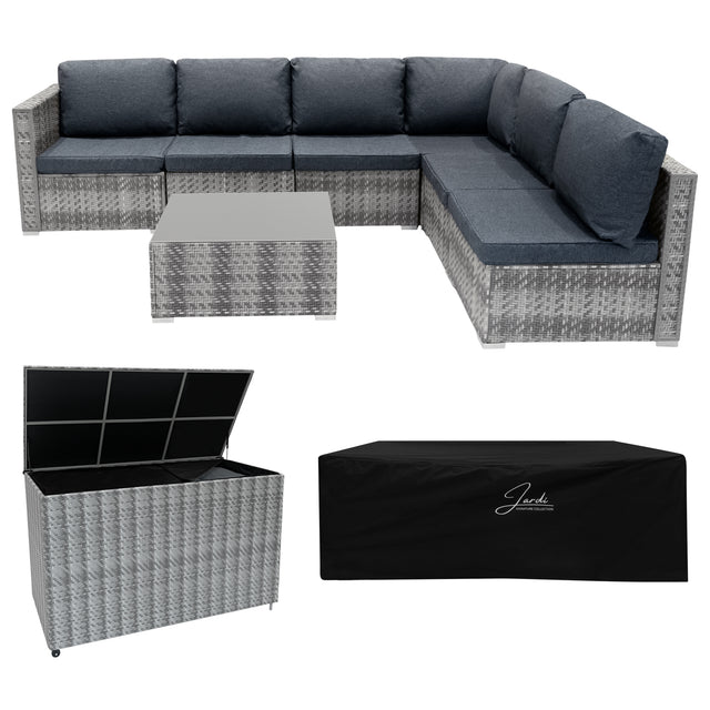 Modulares 7-teiliges Rattan-Möbelset in Grau mit bequemen dunkelblauen Kissen, inklusive Aufbewahrungsbox und Tisch, ideal für den Außenbereich