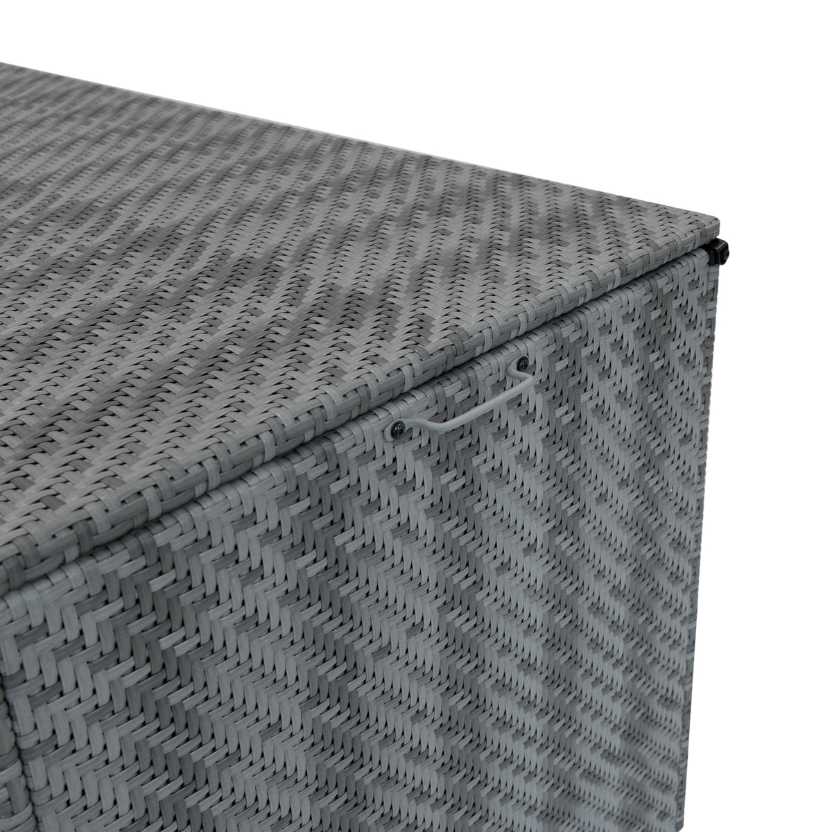 Modulares 7-teiliges Rattan-Möbelset in Grau mit einer praktischen Aufbewahrungsbox, geflochtene Textur und elegantes Design für den Außenbereich