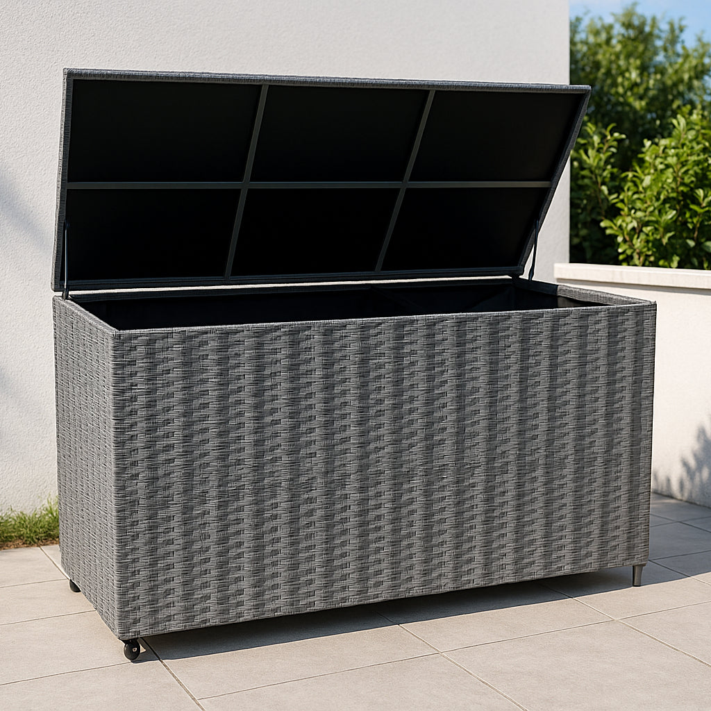 Modulares 7-teiliges Rattan-Möbelset in Grau mit einer großen, offenen Aufbewahrungsbox, ideal für den Außenbereich und stilvolle Organisation