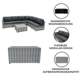 Modulares 7-teiliges Rattan-Möbelset in Grau mit wasserfester Abdeckung, flexibler Anordnung und großzügiger Aufbewahrungsbox für den Außenbereich