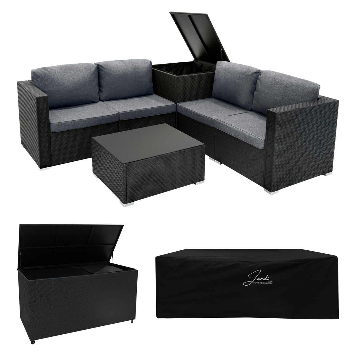 Modulares 6-teiliges Rattan-Möbelset in Schwarz mit grauen Kissen, inklusive 700L Aufbewahrungsbox und schützender Abdeckung, ideal für den Außenbereich