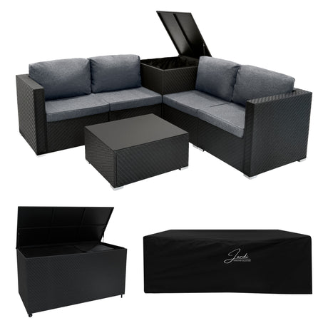 Modulares 6-teiliges Rattan-Möbelset in Schwarz mit grauen Kissen, inklusive 700L Aufbewahrungsbox und schützender Abdeckung, ideal für den Außenbereich