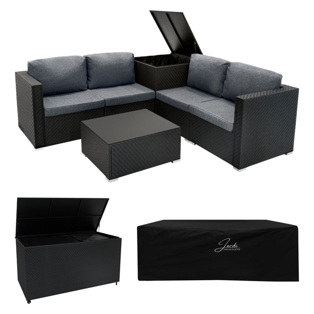 Modulares 6-teiliges Rattan-Möbelset in Schwarz mit grauen Kissen, inklusive 700L Aufbewahrungsbox und schützender Abdeckung, ideal für den Außenbereich