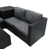 Modulares 6-teiliges Rattan-Möbelset in Schwarz mit grauen Kissen, elegantes Design, robuste Textur und praktische Aufbewahrungsbox für Garten oder Terrasse