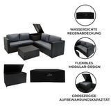 Modulares 6-teiliges Rattan-Möbelset in Schwarz mit grauen Kissen, inklusive einer großen, wasserdichten Aufbewahrungsbox für 700L
