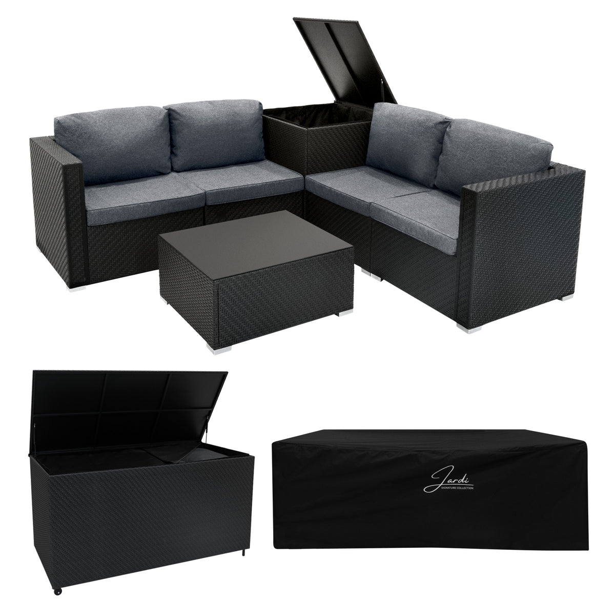 Modulares 6-teiliges Rattan-Möbelset in Schwarz mit grauen Kissen, inklusive einer praktischen Aufbewahrungsbox und einem eleganten Tisch