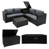 Modulares 6-teiliges Rattan-Möbelset in Schwarz mit grauen Kissen, inklusive einer praktischen Aufbewahrungsbox und einem eleganten Tisch