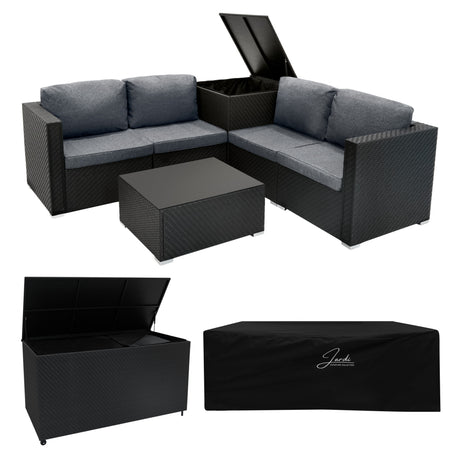 Modulares 6-teiliges Rattan-Möbelset in Schwarz mit grauen Kissen, inklusive einer praktischen Aufbewahrungsbox und einem eleganten Tisch