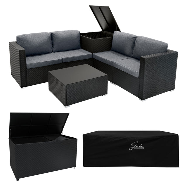 Modulares 6-teiliges Rattan-Möbelset in Schwarz mit grauen Kissen, inklusive einer praktischen Aufbewahrungsbox und einem eleganten Tisch