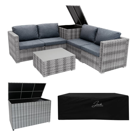 Modulares 6-teiliges Rattan-Möbelset in Grau mit bequemen blauen Kissen, quadratischem Tisch und großer Aufbewahrungsbox für Garten oder Terrasse