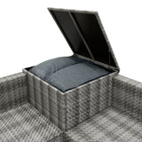 Modulares Rattan-Möbelset in Grau mit einer praktischen 700L Aufbewahrungsbox, die gepolsterte Kissen sicher verstaut und stilvollen Komfort bietet