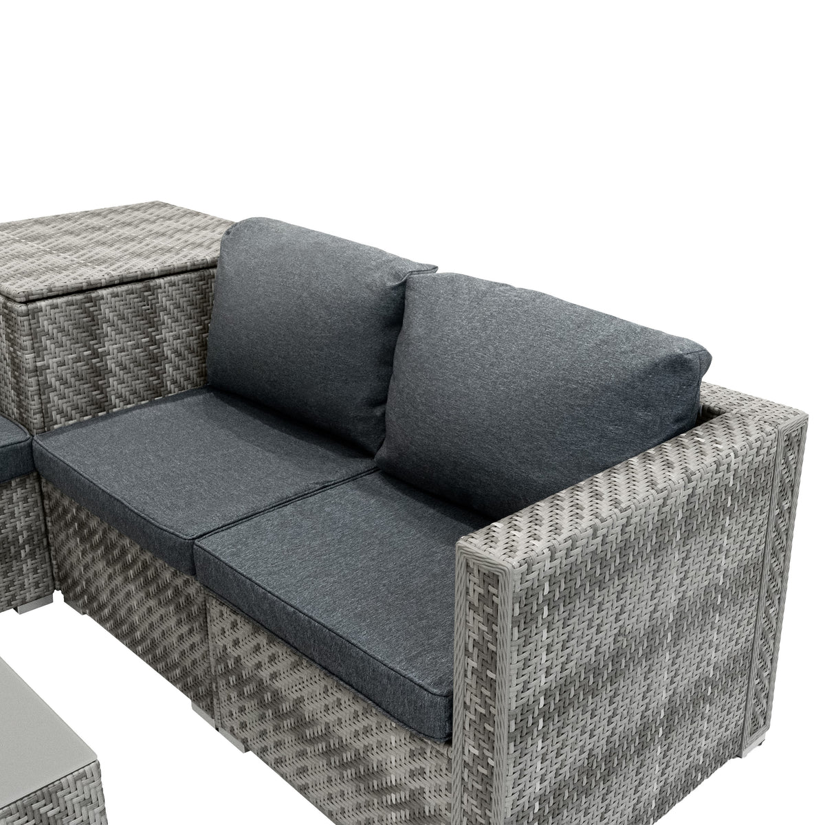 Modulares 6-teiliges Rattan-Möbelset in Grau mit bequemen, dicken Polstern und einer praktischen 700L Aufbewahrungsbox für den Außenbereich