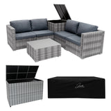 Modulares 6-teiliges Rattan-Möbelset in Grau mit bequemen blauen Kissen, quadratischem Tisch und praktischer Aufbewahrungsbox, ideal für den Außenbereich