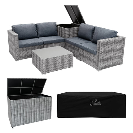 Modulares 6-teiliges Rattan-Möbelset in Grau mit bequemen blauen Kissen, quadratischem Tisch und praktischer Aufbewahrungsbox, ideal für den Außenbereich