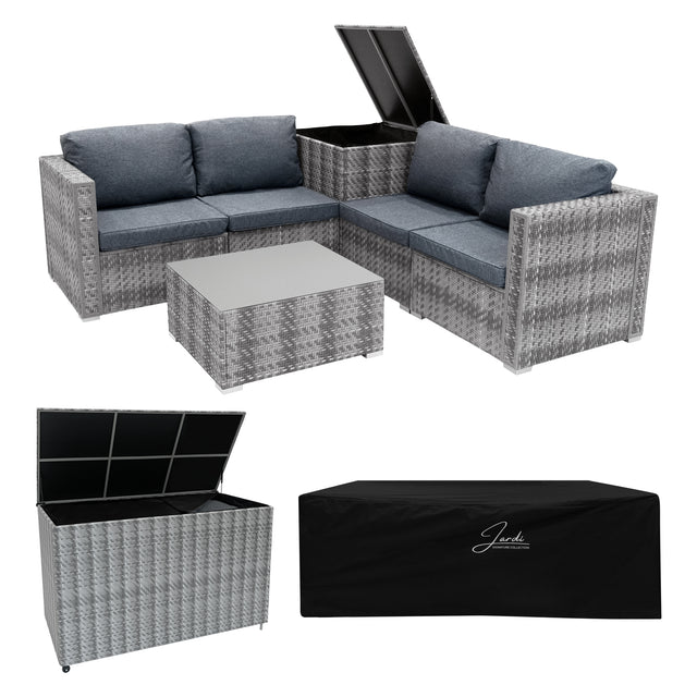 Modulares 6-teiliges Rattan-Möbelset in Grau mit bequemen blauen Kissen, quadratischem Tisch und praktischer Aufbewahrungsbox, ideal für den Außenbereich