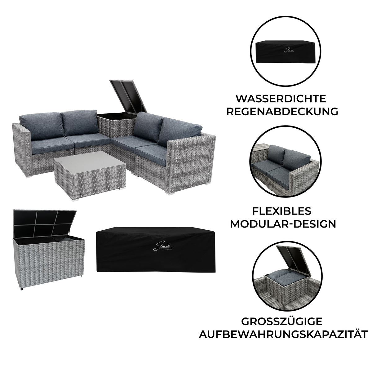 Modulares 6-teiliges Rattan-Möbelset in Grau mit wasserfester Aufbewahrungsbox, gepolsterten Sitzkissen und flexiblem Design für den Außenbereich