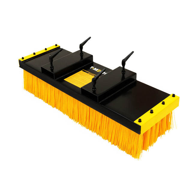 Blockbesen für Gabelstapler mit leuchtend gelben Borsten, robustem schwarzen Gehäuse und zwei verstellbaren Halterungen für einfache Montage