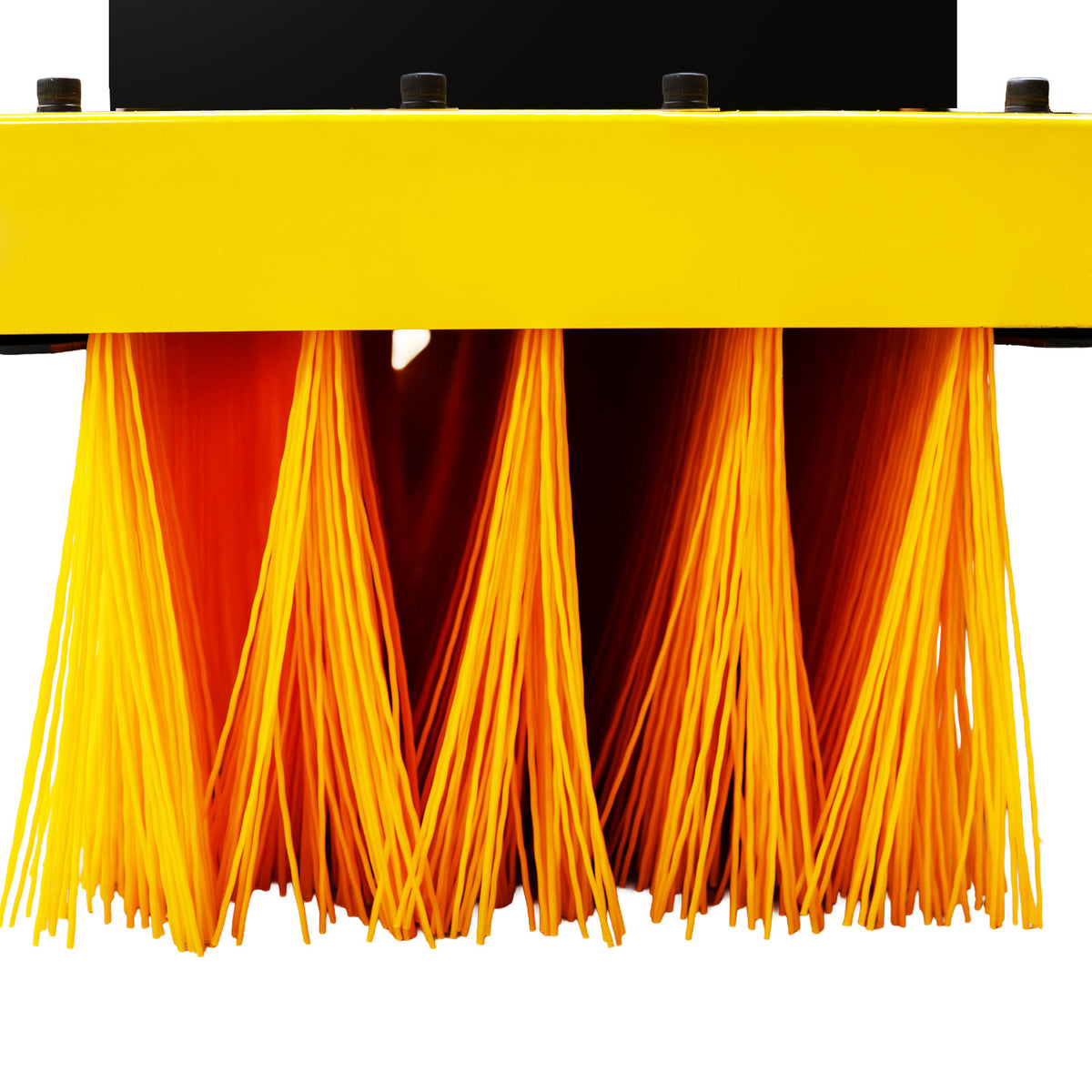 Blockbesen für Gabelstapler mit leuchtend gelben Borsten und robustem, gelben Rahmen, ideal für effizientes Kehren von großen Flächen