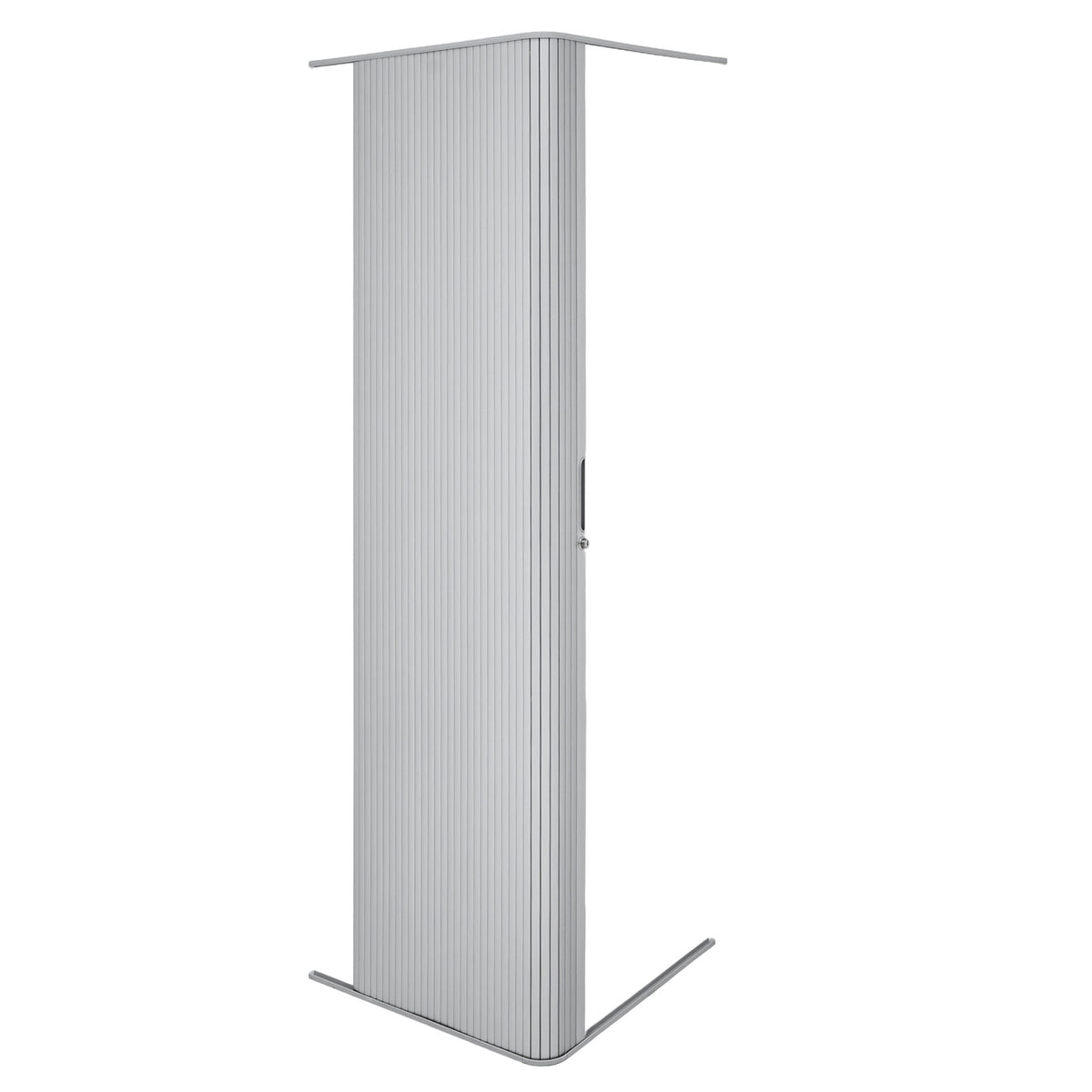 Silberne Rollladen Duschtür mit vertikalen Falten, elegantem Design und stabilen Aluminiumrahmen, ideal für moderne Badezimmergestaltung