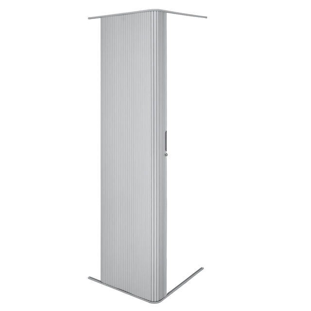 Silberne Rollladen Duschtür mit vertikalen Falten, elegantem Design und stabilen Aluminiumrahmen, ideal für moderne Badezimmergestaltung