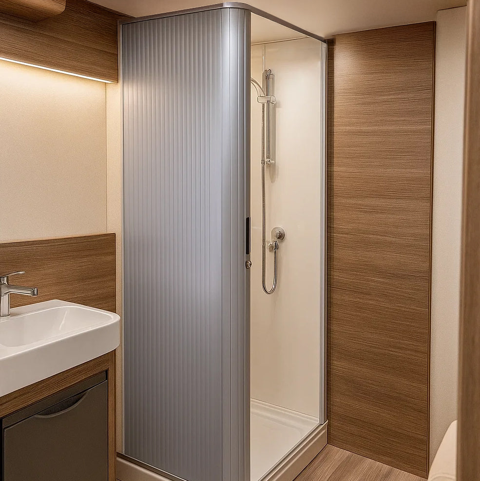Silberne Rollladen-Duschtür mit vertikalen Rillen, elegantem Design und glatter Oberfläche, umgeben von warmen Holz- und Sanitärmaterialien