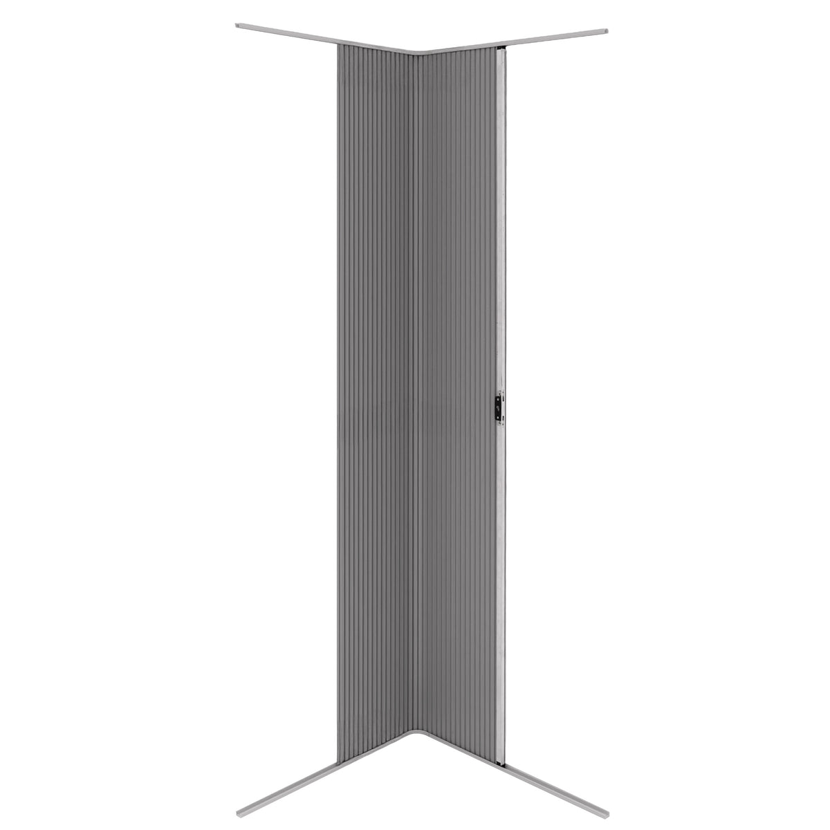 Silberne Rollladen Duschtür mit vertikalen Falten, elegantes Design, aus robustem Material, ideal für moderne Badezimmer und platzsparend
