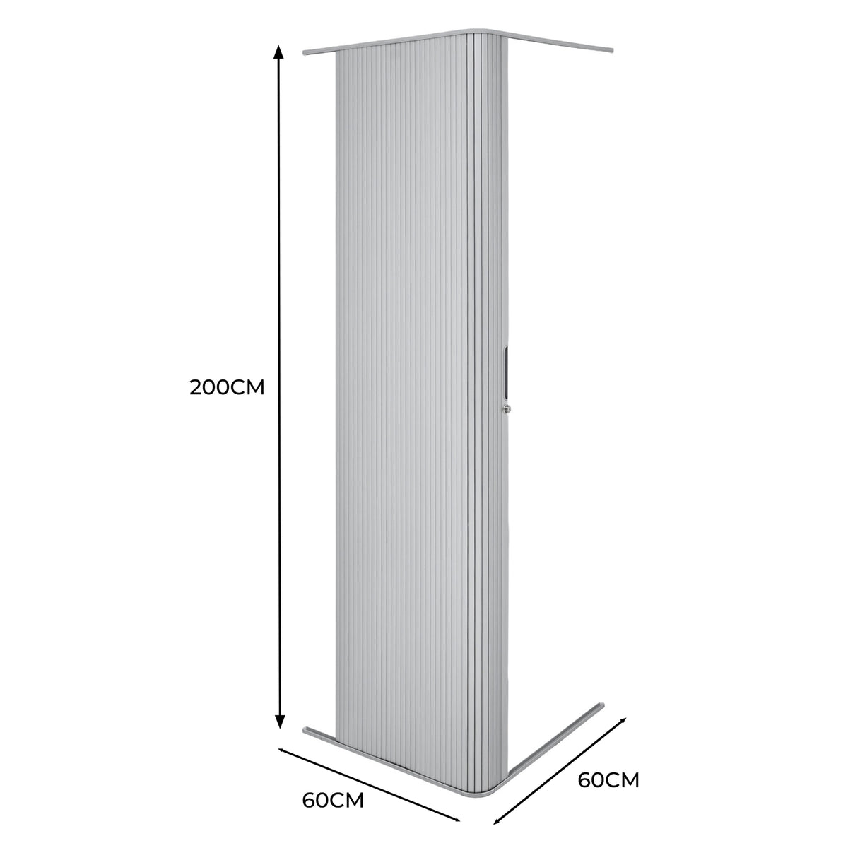 Silberne Rollladen Duschtür mit vertikalen Rillen, 200 cm hoch und 60 cm breit, aus robustem Material für modernen Badezimmerstil