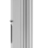 Silberne Rollladen Duschtür mit vertikalen Lamellen, glänzender Oberfläche und modernem Design, ideal für stilvolle Badezimmergestaltung