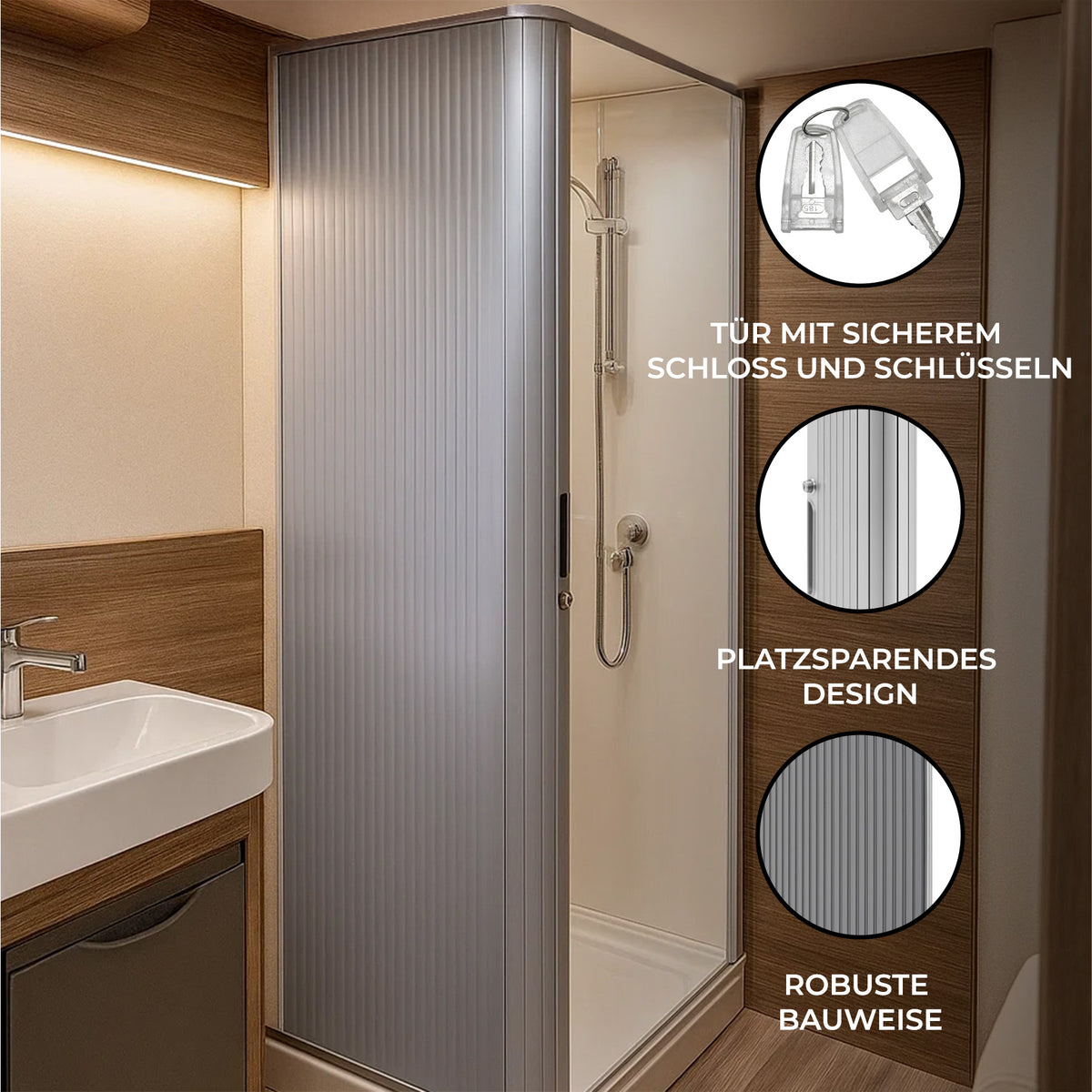 Silberne Rollladen Duschtür mit vertikalen Rillen, sicherem Schloss und Schlüssel, platzsparendem Design und robuster Bauweise in modernem Badezimmer