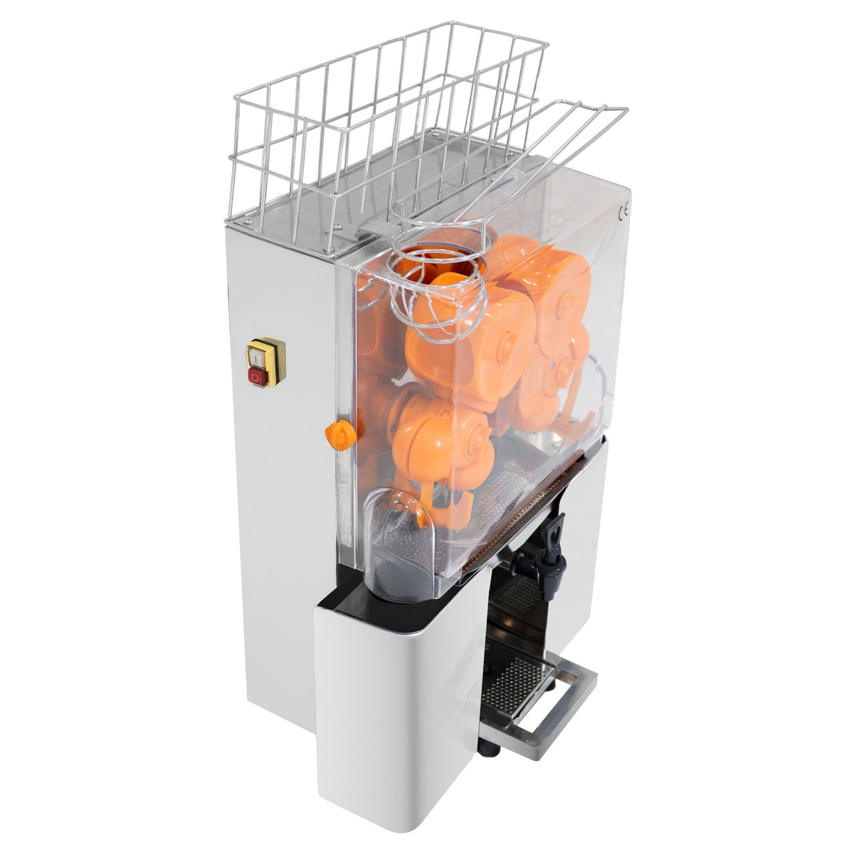Kommerzielle Orangensaftpresse in Weiß mit transparentem Behälter, orangefarbene Presskegel, stabiler Metallkorb für Orangen, elegantes Design