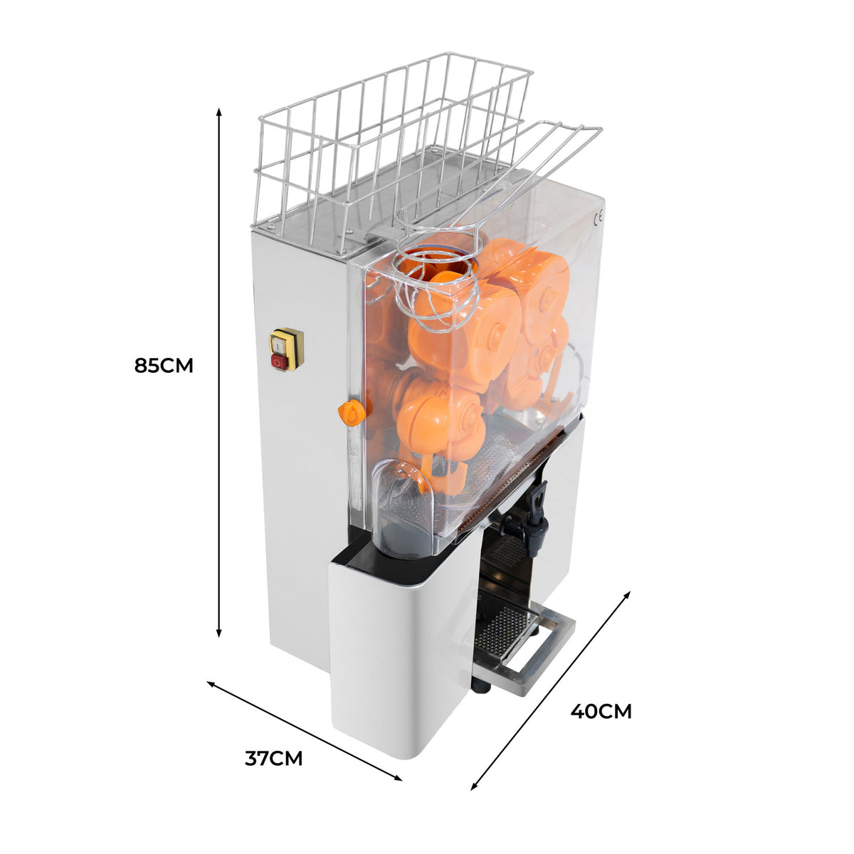 Kommerzielle Orangensaftpresse in Weiß mit transparentem Gehäuse, orangefarbenen Presskegeln und stabiler Metallablage, Maße 85 cm hoch, 40 cm tief, 37 cm breit
